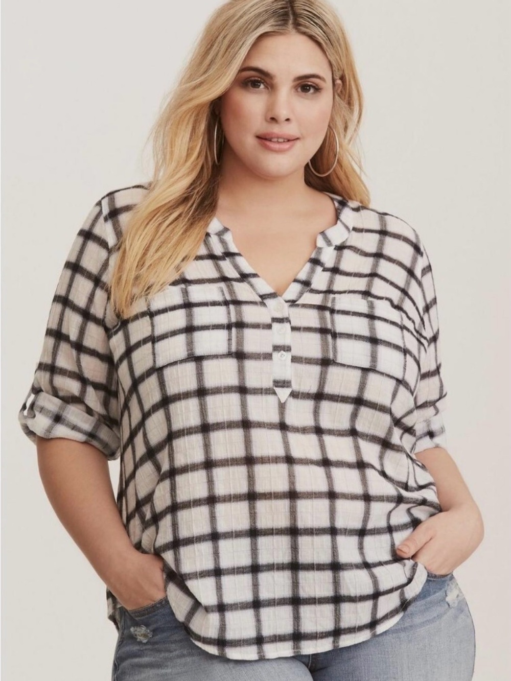 Torrid White Plaid Crepe Textured 3/4 Sleeve Blouse 2X
